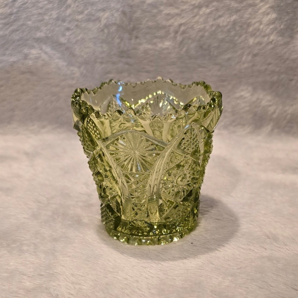 Imperial Verde Green Pressed Glass Daisy and Button Toothpick Holder Scalloped